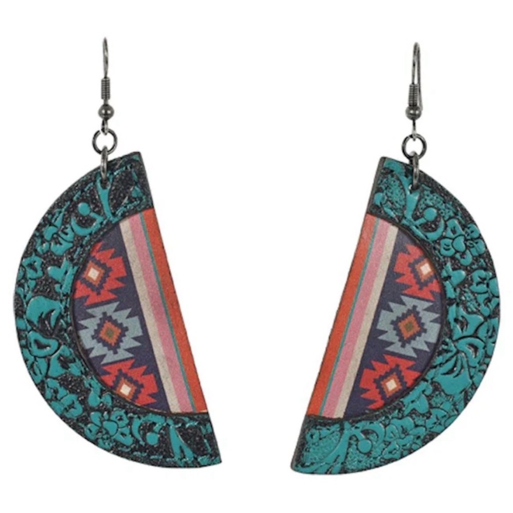 Justin Boots Tooled Leather Half Moon Aztec Patterned Earrings